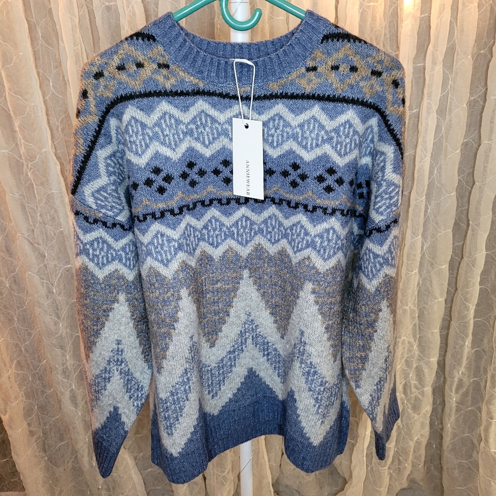 Anniewear Cream Brown Geometric Stripe Chevron Crew Neck Wool Sweater Boutique - Picture 5 of 8